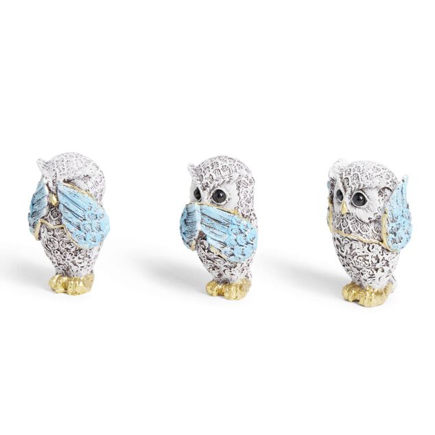 Hibou de la sagesse x3 en polyr&eacute;sine bleu et dor&eacute; H7cm