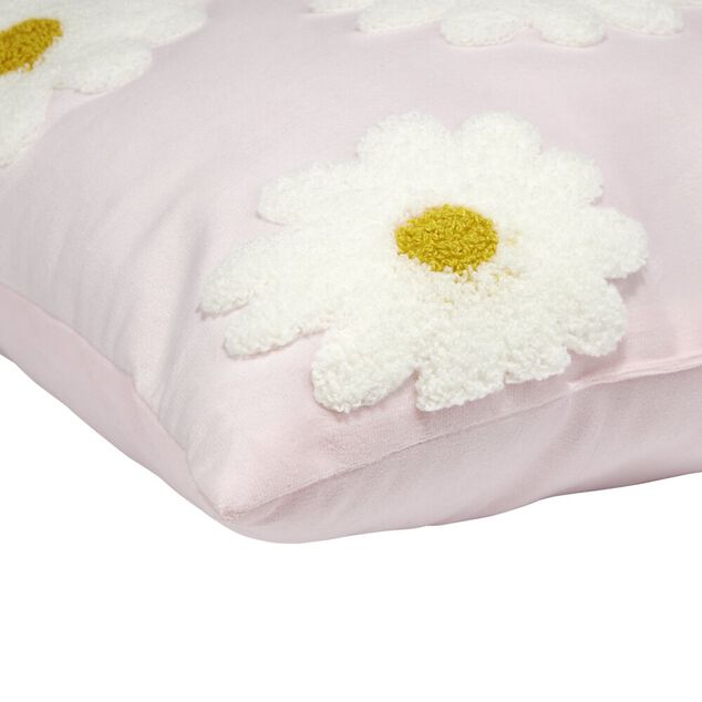 Coussin d&eacute;co rose avec marguerites relief bouclette 40x40cm