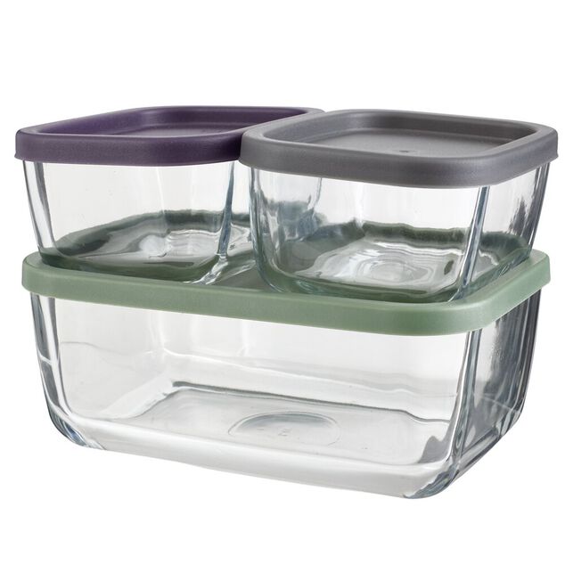 Bo&icirc;te alimentaire x3 verre rectangulaire avec couvercles plastique multicolore 0,4L et 1,17L