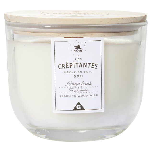 Bougie parfum&eacute;e blanche Les cr&eacute;pitantes senteur linge frais 50H