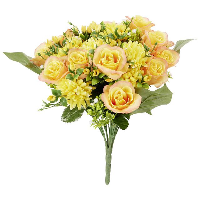 Piquet de rose et chrysanth&egrave;me orange bouquet fleur artificielle H42cm