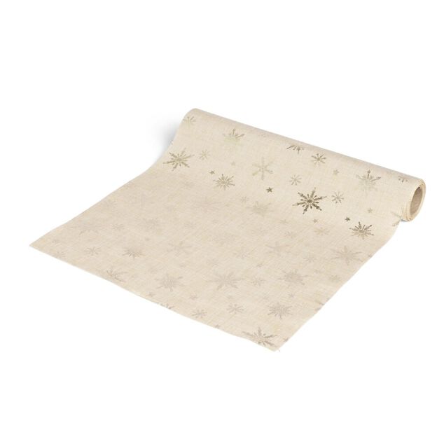 Chemin de table blanc motifs étoiles et flocons dorés 3m