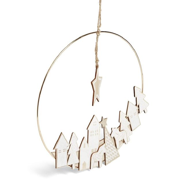 Couronne &agrave; suspendre village de No&euml;l dor&eacute;