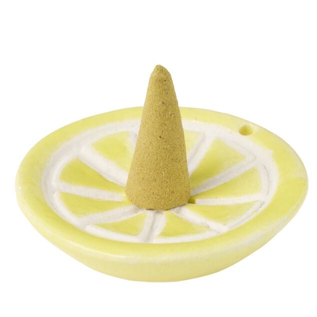 C&ocirc;ne encens citronnelle x30 avec support c&eacute;ramique citron jaune