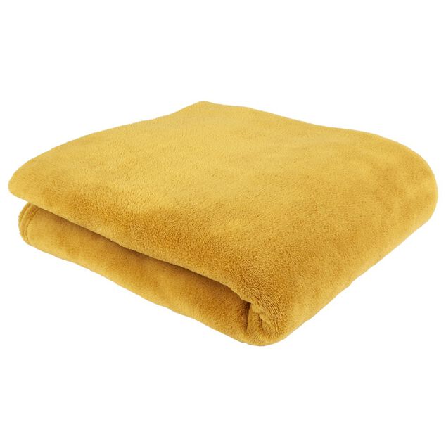 Plaid polyester 1 place uni jaune moutarde