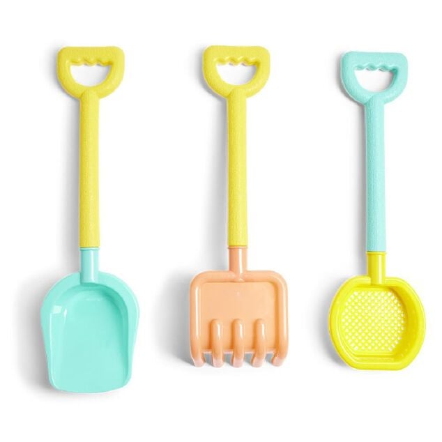 Set jeu de plage pelle, r&acirc;teau et tamis plastique