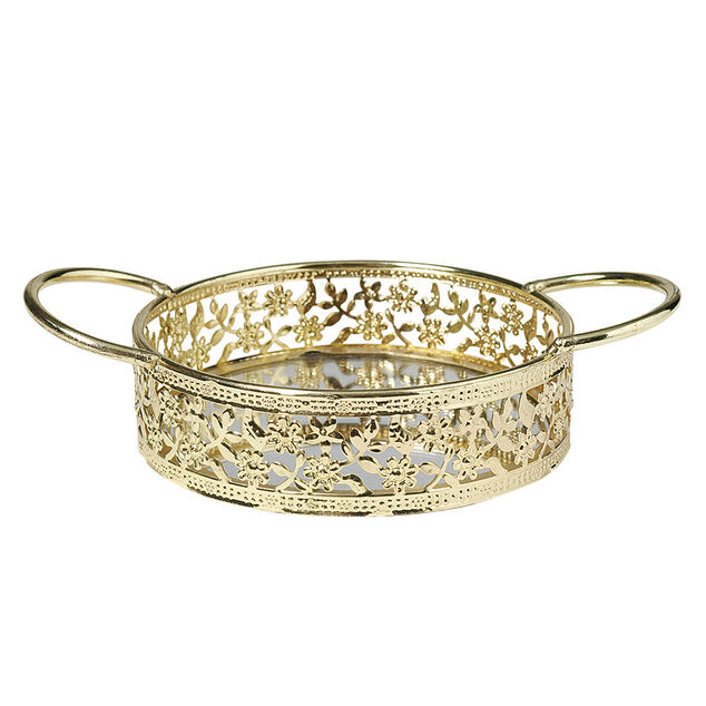 Plateau d&eacute;co dor&eacute;e fond en verre avec poign&eacute;es