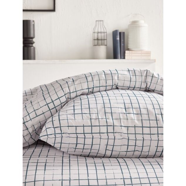 Parure de lit 2 personnes 220x240cm blanc quadrillage gris