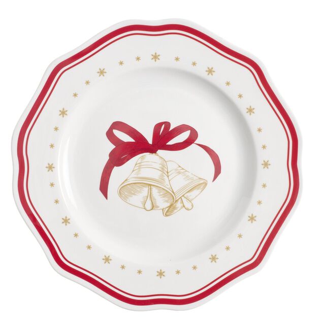 Assiette dessert imprim&eacute; boule de No&euml;l contour vague rouge fa&iuml;ence &Oslash;20 cm