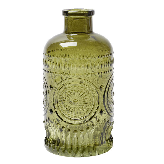 Vase verre color&eacute; forme bouteille d&eacute;cor relief &Oslash;6xH13cm (3 mod&egrave;les)