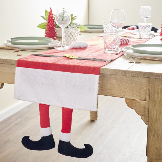Chemin de table tissu velours rouge effet pieds de Père Noël 34x136cm
