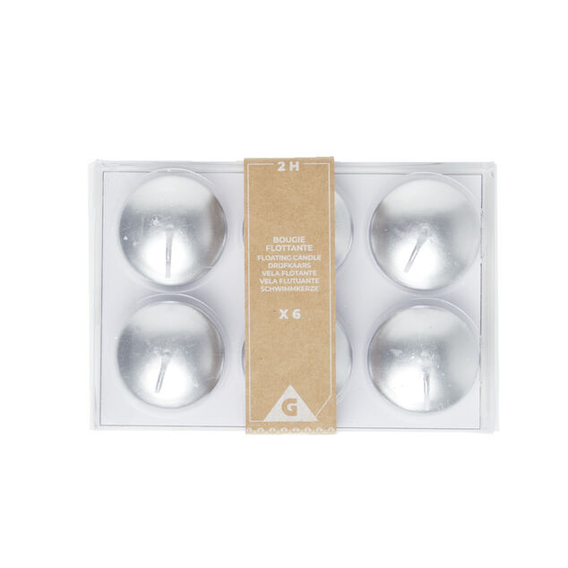 Lot de 6 bougies flottantes cire argent&eacute;e &Oslash;4,5cm