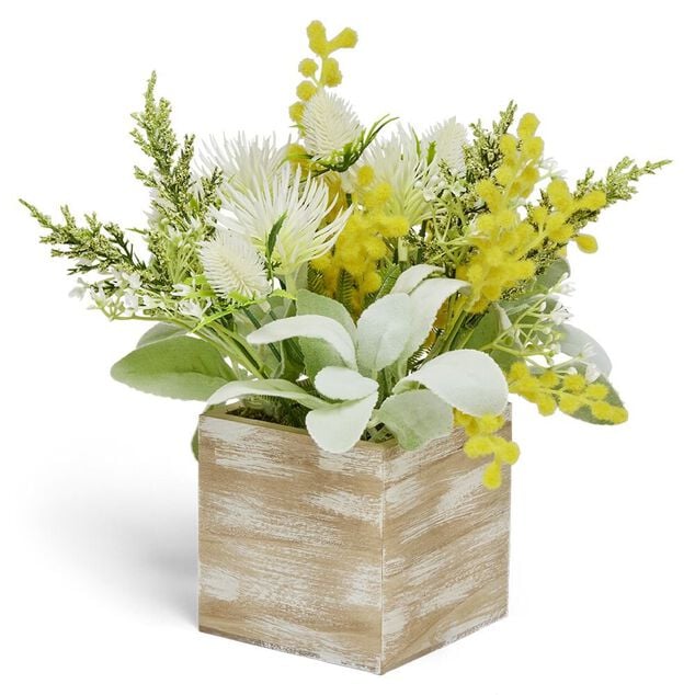 Mimosa artificiel dans pot en bois &Oslash;25xH22cm