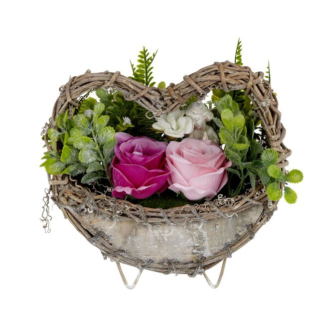 Pot rotin design coeur fleur artificielle