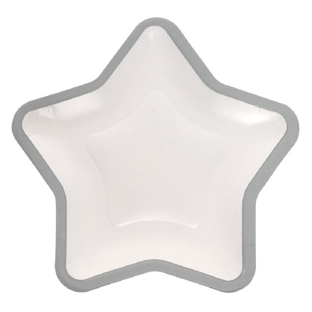 Lot de 10 assiettes carton &eacute;toile blanc avec liser&eacute; argent&eacute;