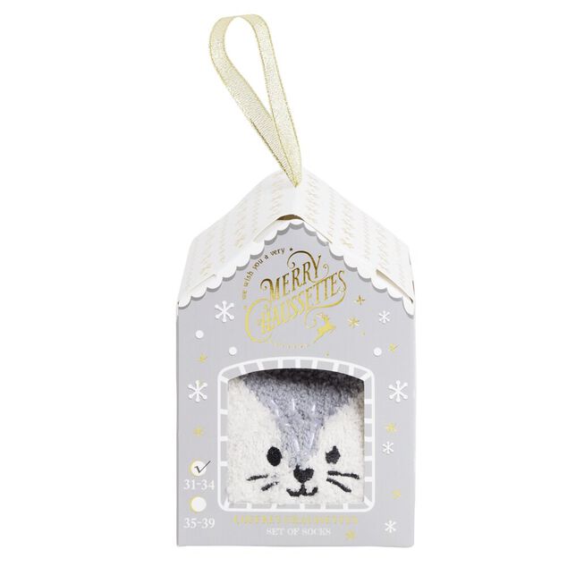Coffret cadeau chaussettes cocooning chat No&euml;l gris et blanc (31/34 ou 35/39)