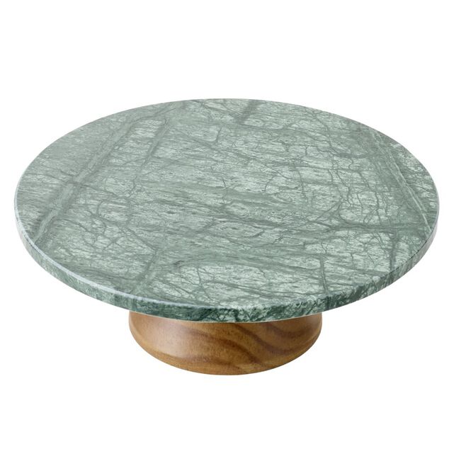 Plateau de pr&eacute;sentation en marbre vert et m&eacute;tal effet bois &Oslash;25cm