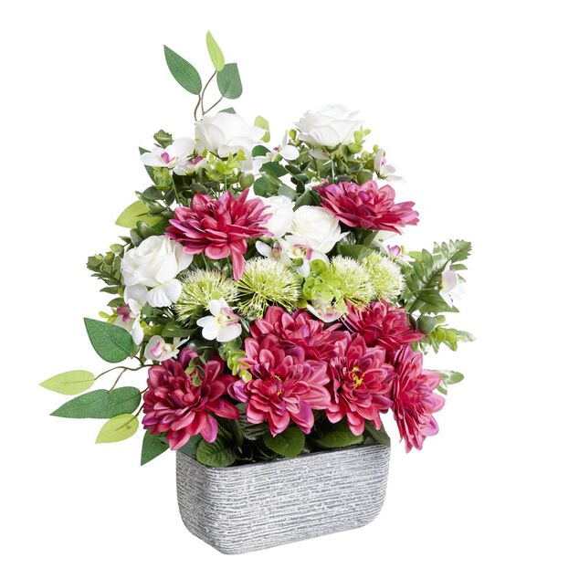 Composition florale artificielle multifleur fuschia jardini&egrave;re ciment H60cm