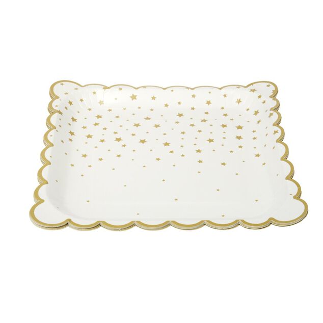 Assiette en papier X8 pcs carr&eacute; bord festonn&eacute; imprim&eacute; &eacute;toile 23X23XH1,5 cm blanc et dor&eacute;