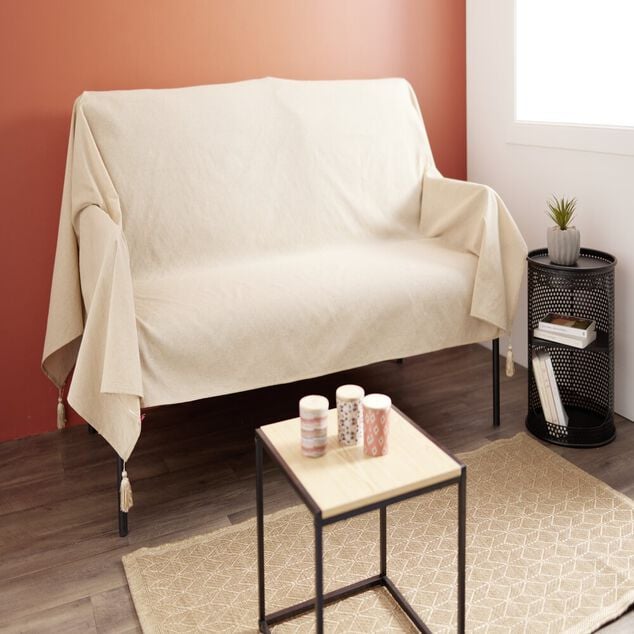 Jet&eacute; de canap&eacute; &agrave; pompons 170x250cm coton recycl&eacute; noir ou beige