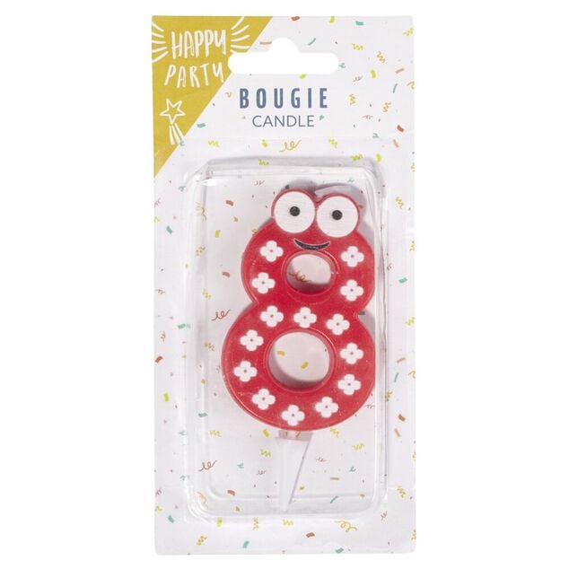 Bougie chiffre 8 cire personnage fleurs rouge et blanc H8,5cm