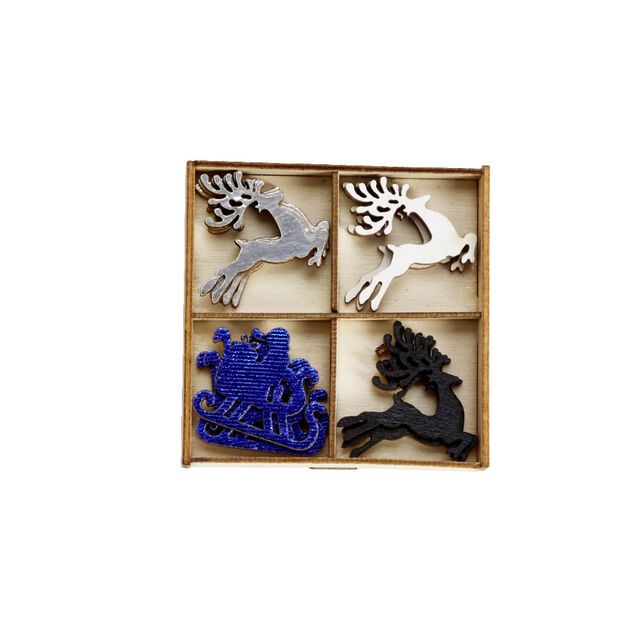 Rennes et traineau en bois pour d&eacute;coration de table 12 pi&egrave;ces 2x2cm