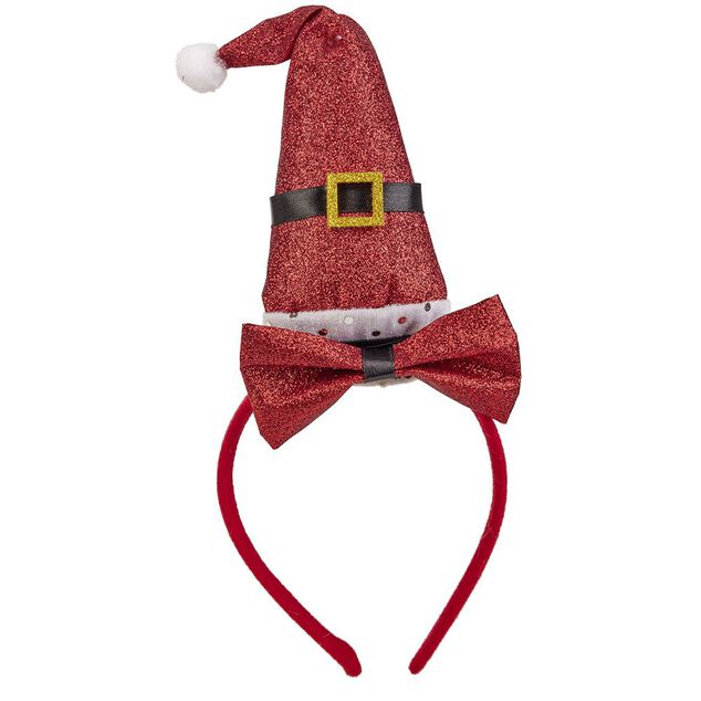 Serre t&ecirc;te avec noeud et chapeau P&egrave;re No&euml;l rouge paillet&eacute;