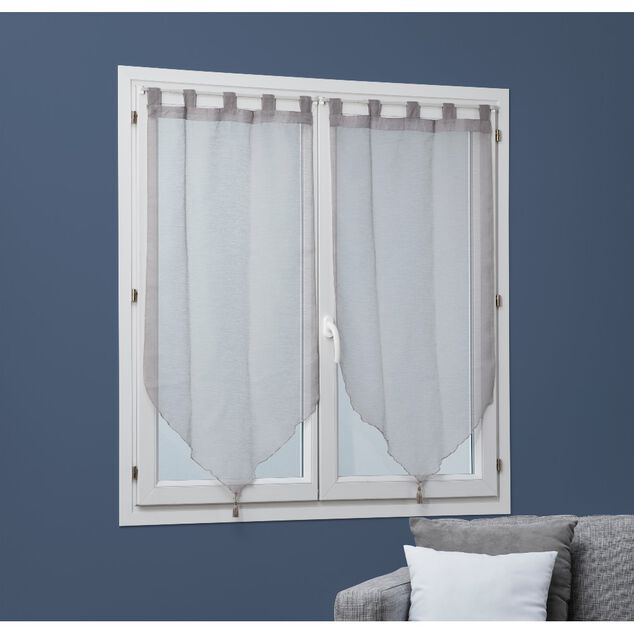 Vitrage &agrave; pattes voile uni taupe finition pointe pompon 60x160 cm x2