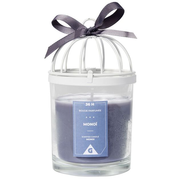 Bougie cage &agrave; oiseau bleue senteur mono&iuml; 36H