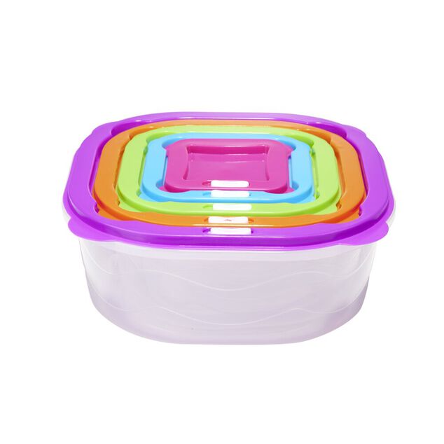 Bo&icirc;te alimentaire x5 embo&icirc;table plastique couvercle multicolore 25x25xH10,5cm