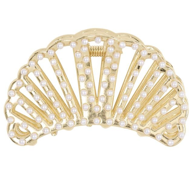 Pince cheveux forme coquillage avec perles m&eacute;tal dor&eacute; L6cm