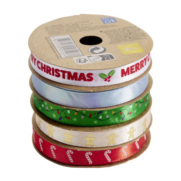 Ruban No&euml;l x5 en tissu th&egrave;me traditionnel rouge vert bleu 2m