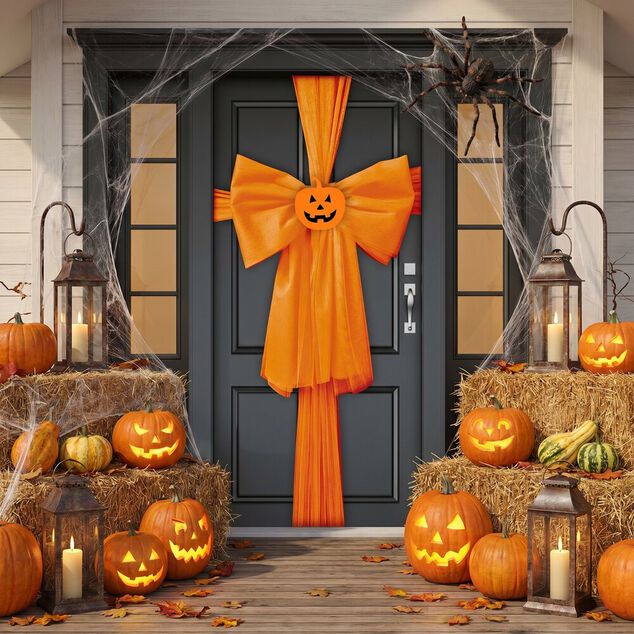 D&eacute;coration de porte Halloween noeud orange avec citrouille 160xH232cm