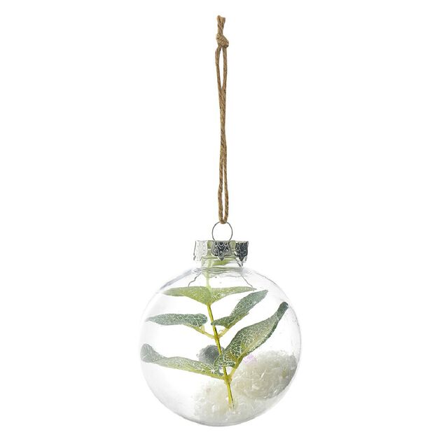 Boule de Noël transparente intérieur feuille et givre vert blanc