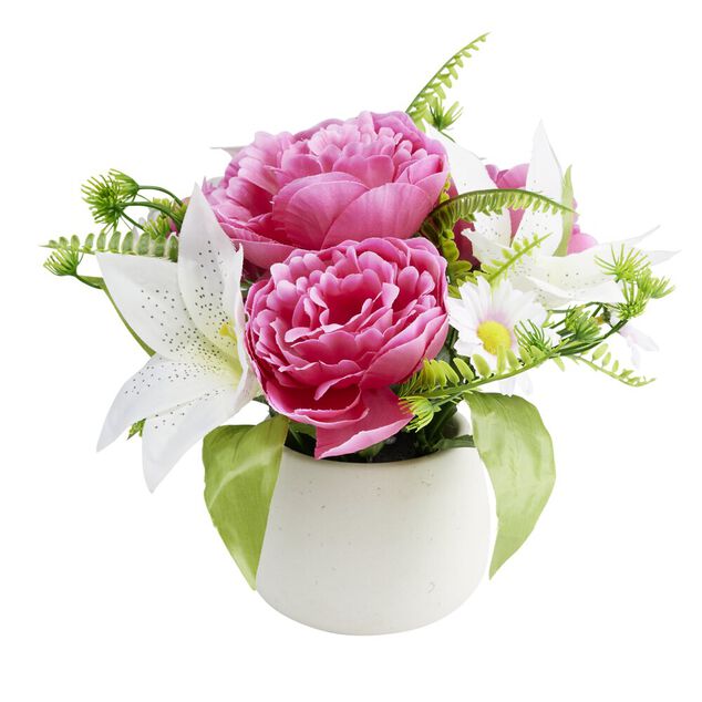 Composition florale artificielle en pot rose rose et lys blanc &Oslash;24xH22cm