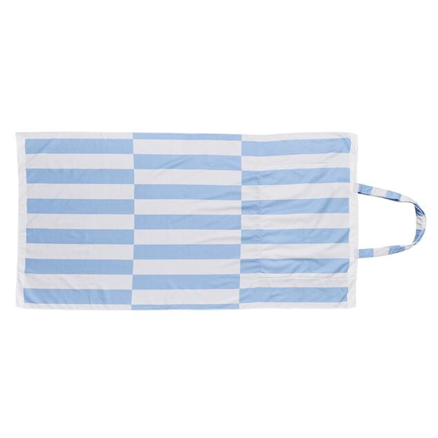 Serviette de plage avec sac int&eacute;gr&eacute; 2en1 polyester ray&eacute; blanc et bleu 90x164cm