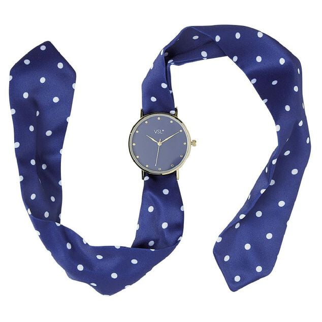 Montre bracelet tissu bleu &agrave; pois blanc &agrave; cadran rond