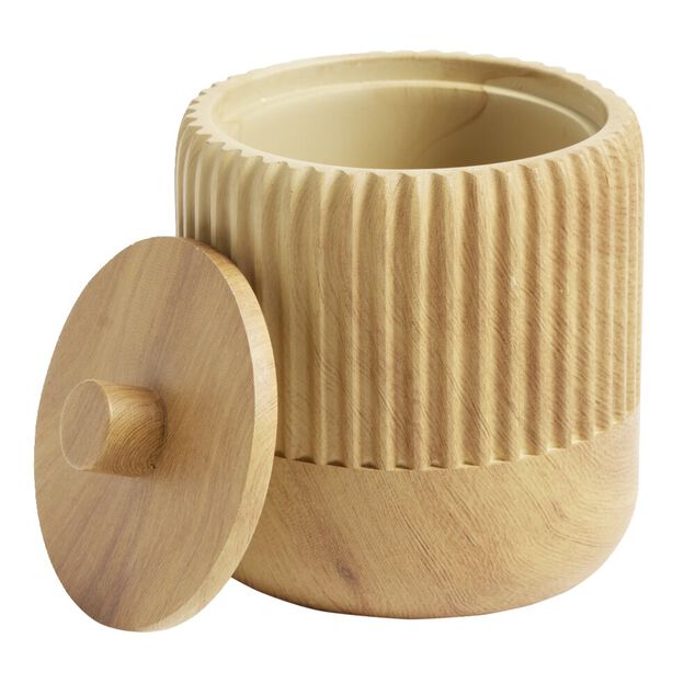Pot &agrave; coton rond plastique imitation bois avec couvercle &Oslash;9xH10cm