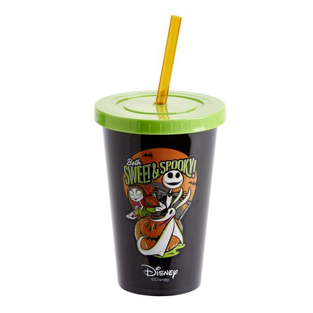 Gobelet Halloween Disney Mr Jack avec paille et couvercle noir et vert &Oslash;9xH18,5