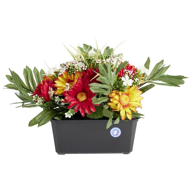 Composition florale artificielle gerbera rouge jaune jardini&egrave;re L34xH28cm