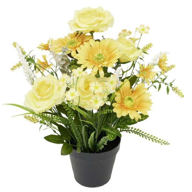 Pot marguerite et bruy&egrave;re artificiel &Oslash;25xH42cm