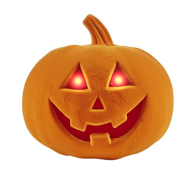 Citrouille Halloween LED floqu&eacute;e effet velours orange ou noire H21cm