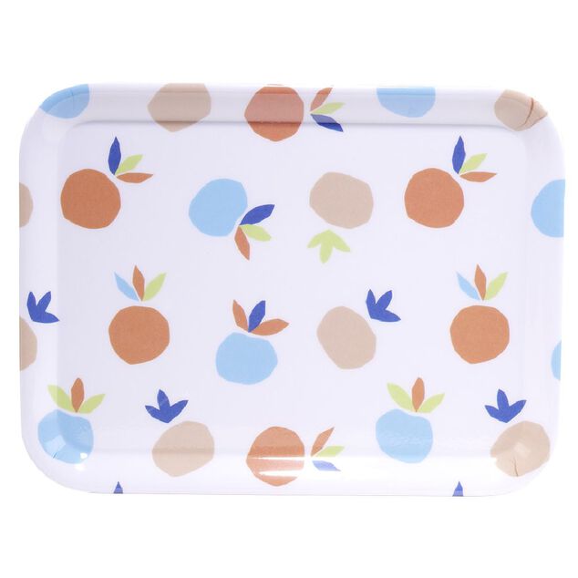 Plateau rectangulaire blanc motif fruit orange bleu plastique 29x22cm