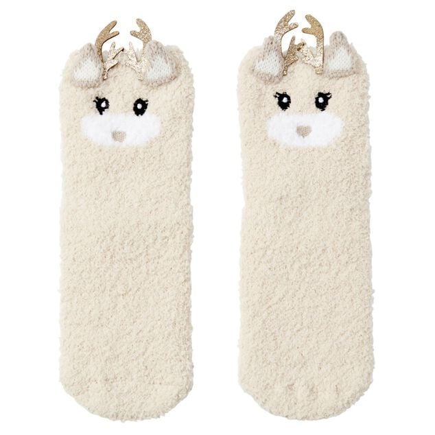 Coffret chaussettes en maille doudou motif Renne beige dor&eacute;