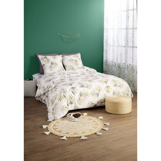 Tapis rond &agrave; franges jute naturel motif rosace blanc