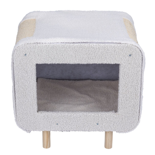 Niche pour chat ou chien en bois et tissu beige avec grattoir 48x48xH38cm