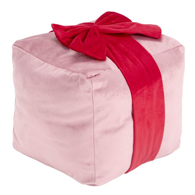 Coussin carr&eacute; forme cadeau de No&euml;l ruban polyester L20X20XH20 cm (2 mod&egrave;les vert ou rose)