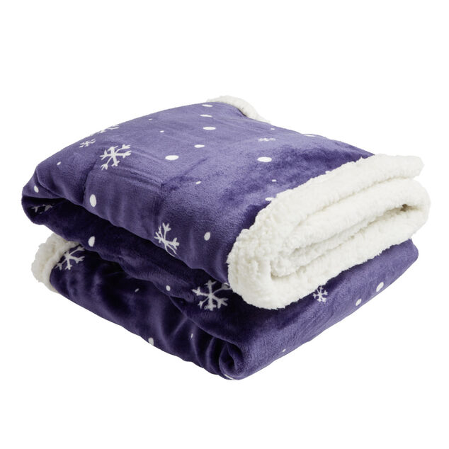 Plaid sherpa No&euml;l flanelle motif flocon bleu et blanc 120x150cm