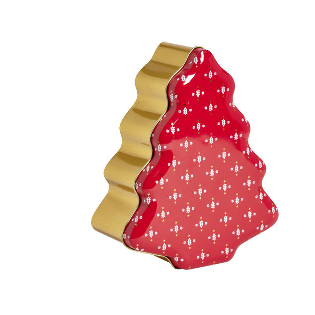 Boîte alimentaire Noël forme sapin métal rouge et doré 18x14,5xH6,5cm
