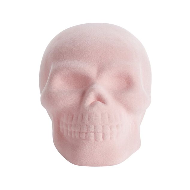 D&eacute;coration velours Halloween t&ecirc;te de mort pastel rose 12x11xH16cm